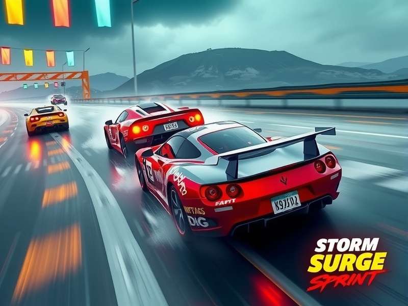 Storm Surge Sprint gameplay showing racing cars in dynamic weather conditions